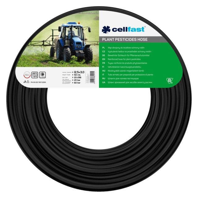 Wąż zbrojony do środków ochrony roślin 12,5x3,0mm 50mb czarny Cellfast 20-298