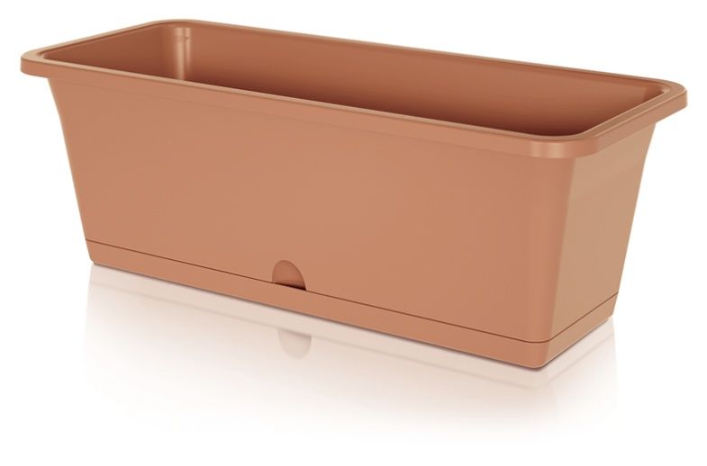 Skrzynka Camelia DCM od Prosperplast to prostokątna doniczka balkonowa, ma prosty kształt, w komplecie z podstawką. 